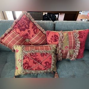 3 Throw pillows with beautiful embroidery, stitching, design and trim